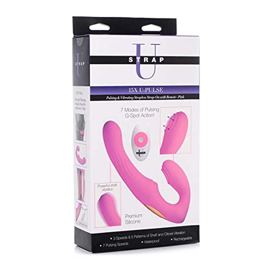 15X U-Pulse Silicone Pulsating and Vibrating Strapless Strap-on with Remote - Pink