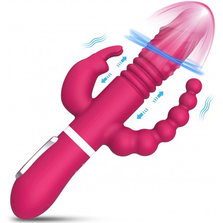 Triple Action Beaded Thrusting Vibrator - BOMBEX Gary, 10.2" Curved Head G Spot Vibrator, Rabbit Vibrator for Clitoral Stimulation, Angled Anal Beads, Adult Sex Toys for Women, Rose Red
