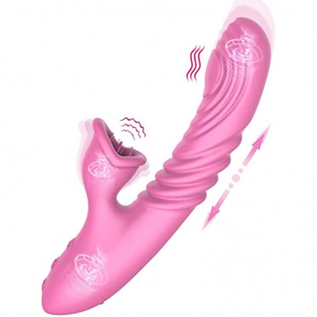 G Spot Rabbit Vibrator with Soft Tongue,Clit Stimulator for G-spot Stimulation,Waterproof Dildo Vibrator with 7 Thrust Actions & 7 Vibration Modes Dual Motor Quiet & Rechargeable Sex Toys for Women