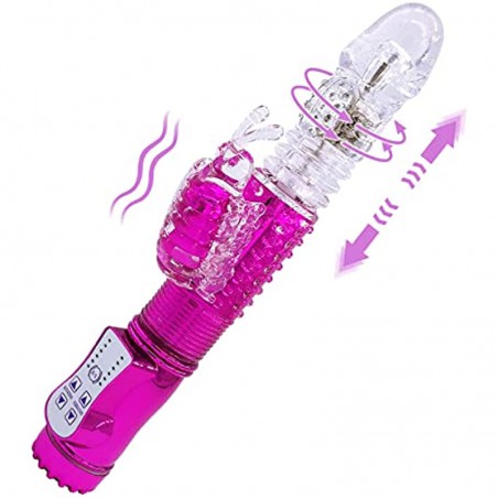 Steel Ball 360° Rotation Rabbit Vibrator, Butterfly Independent Clitoralis Stimulator, Clear Realistic Dildo Telescopic Excite G spot, 12 Thrusting Speeds Rechargeable Sex Toy for Women(Purple)