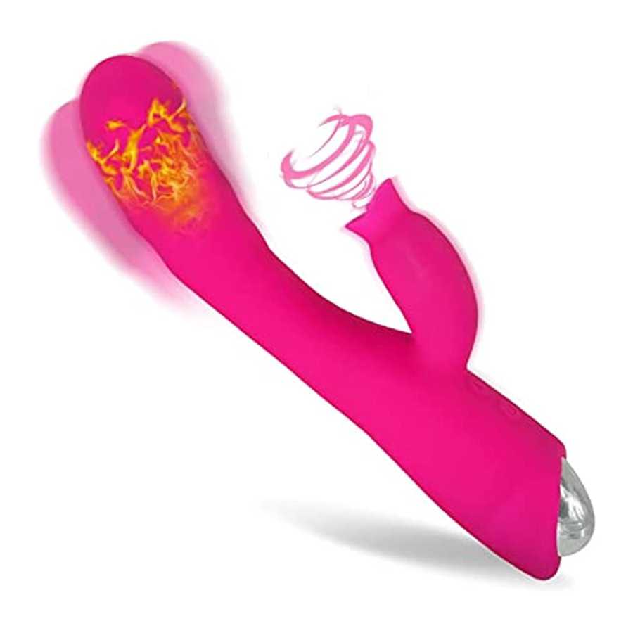 Rabbit Vibrator, Heating Dildo Vibrator with 30 Modes, Sucking & Licking 2 in 1 Dildo Vibration Machine for Women & Couples Rose