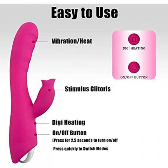 Rabbit Vibrator, Heating Dildo Vibrator with 30 Modes, Sucking & Licking 2 in 1 Dildo Vibration Machine for Women & Couples Rose