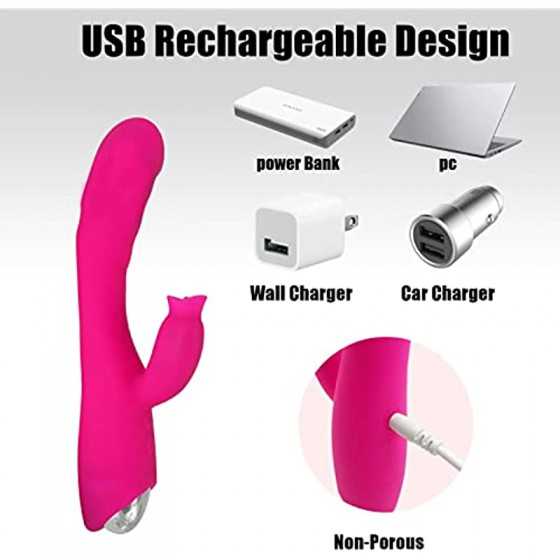 Rabbit Vibrator, Heating Dildo Vibrator with 30 Modes, Sucking & Licking 2 in 1 Dildo Vibration Machine for Women & Couples Rose