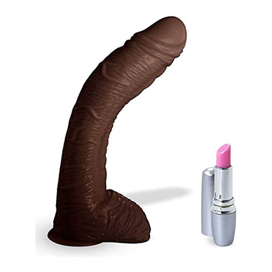 LeLuv Dildo Big Bent 10 Inch Realistic Suction Cup Thick Veiny Curved Chocolate Bundle with Secret Lipstick