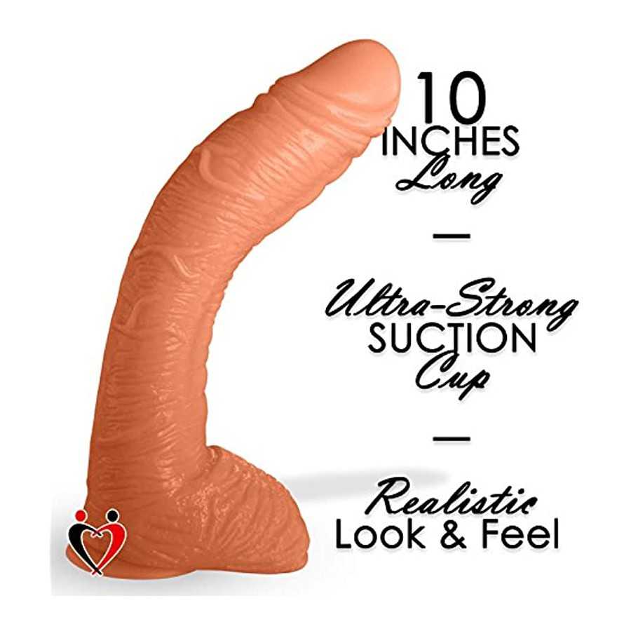 LeLuv Dildo Big Bent 10 Inch Realistic Suction Cup Thick Veiny Curved Chocolate Bundle with Secret Lipstick
