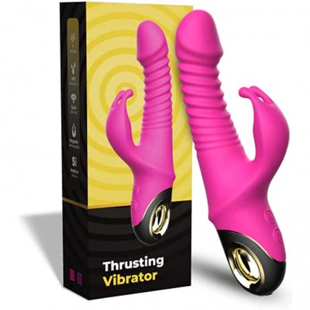 Beaded Thrusting Rabbit Vibrator, 9.8" Triple Action G Spot Vibrator with Independent Clitoral Stimulator, 10 Patterns, Waterproof & Rechargeable Sex Toys for Women, Rose