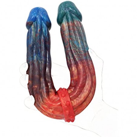 13 inches Long Double End Devil Dildo, Body-Safe Red&Cyan Silicone Double Headed Anal Butt Plug Sex Toy Penetration Dual Dong for Women Lesbian Sex Play and Couples.