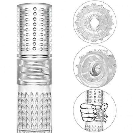 Male Masturbators Cup Crystal Vagina Sleeve Male Masturbation Stroker Transparent Spiral Textured Tunnel Pocket Pussy Adult Sex Toys for Men