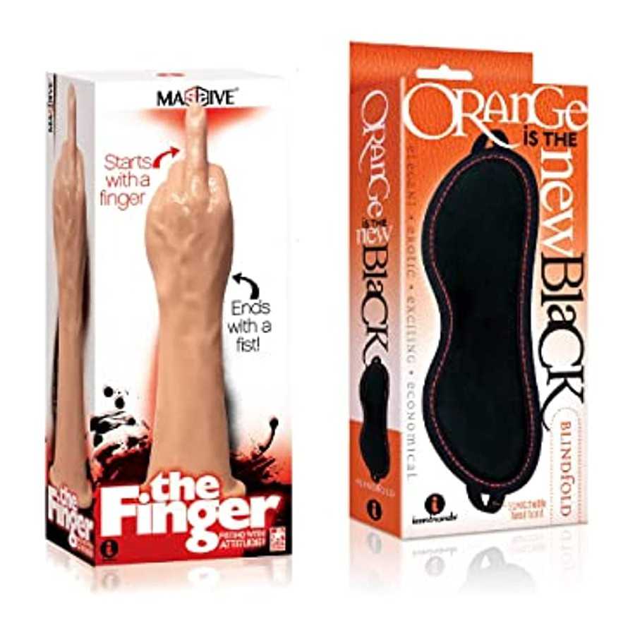 Sexy Gift Set of Massive The Finger Fister Dildo and Icon Brands Orange is The New Black, Blindfold