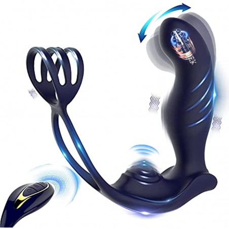 3 in 1 Vibrating Butt Plug Anal Vibrator with Dual Penis Ring, Prostate Massager Silicone Anal Plug with 10 Wiggle & 10 Vibratio