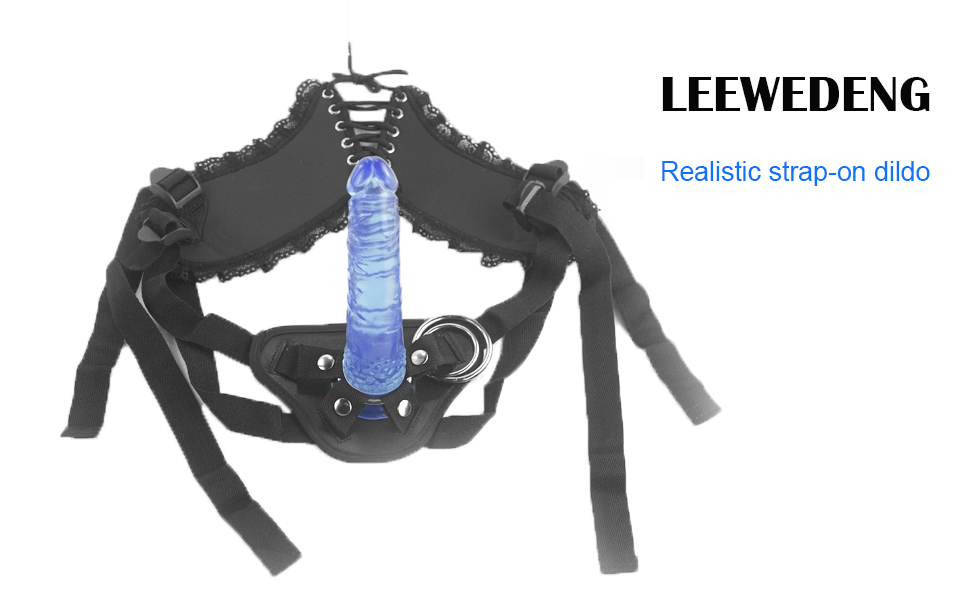 Blue harness strap-on dildo