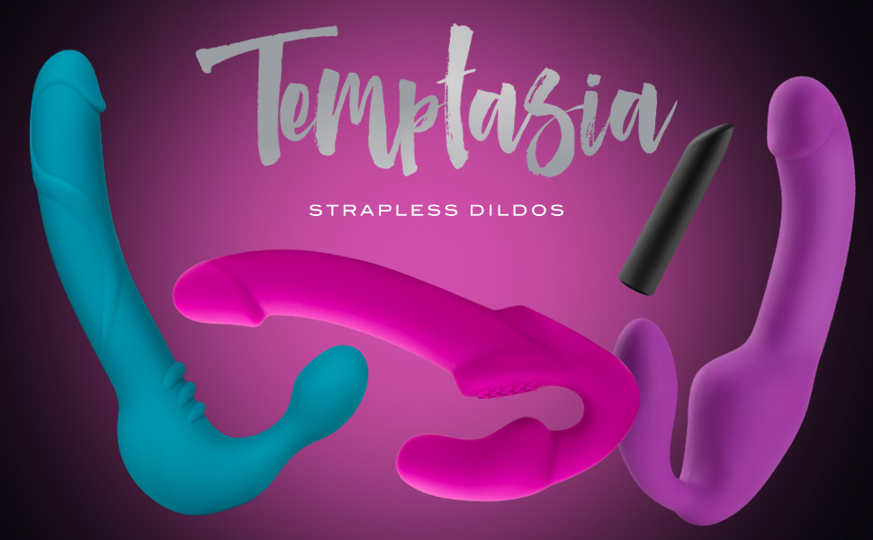 temptasia strapless strap on harness dildos with vibrator next to each other
