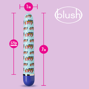 Standing blue toy with measurements attached