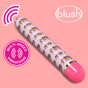 Pink toy on side with words multispeed vibrations 