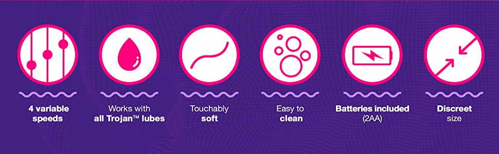 4 Speeds, Works with Trojan lubes, Touchably soft, easy to clean, batteries included, discreet size