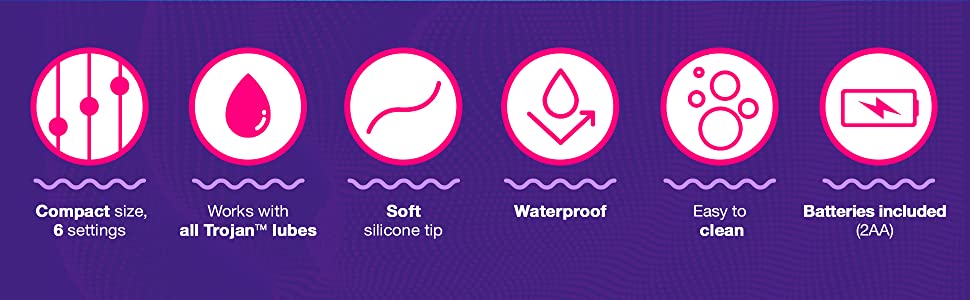 Compact size, 6 settings, works with trojan lubes, waterproof, easy to clean, batteries included