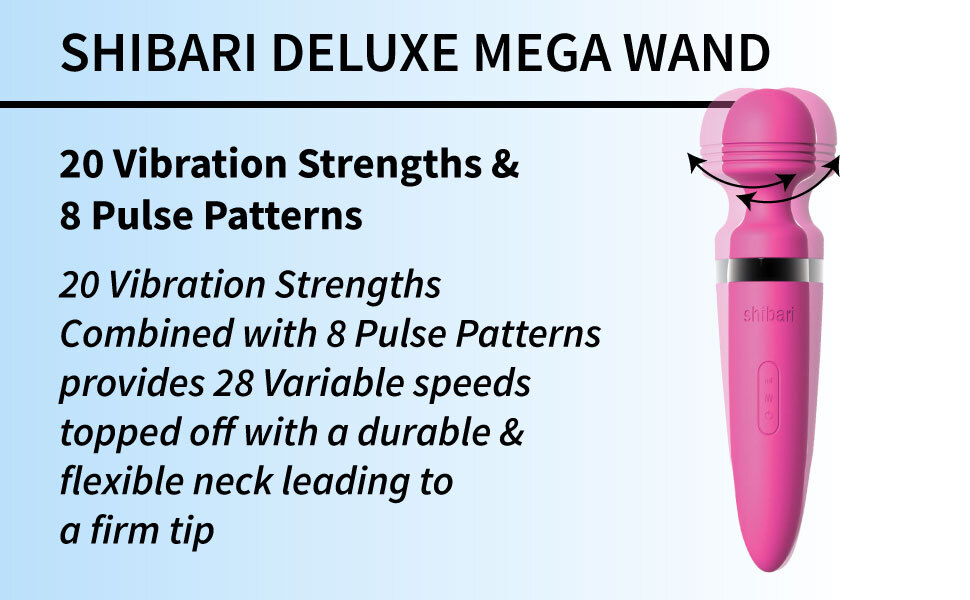 shibari deluxe mega wand has 20 vibration strengths and 8 pulse patterns 28 possible speeds
