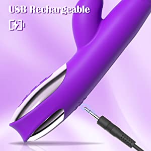 USB rechargeable vibrating and thrusting vibrator purple with dual independent control motors